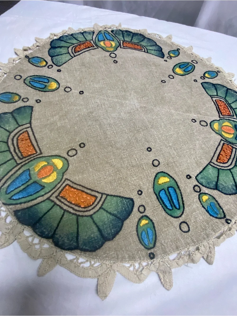 . Egyptian Revival Arts & Crafts Hand Crocheted Lace Linen 18” bird embroidered
